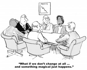 Cartoon of business people who want to avoid change.