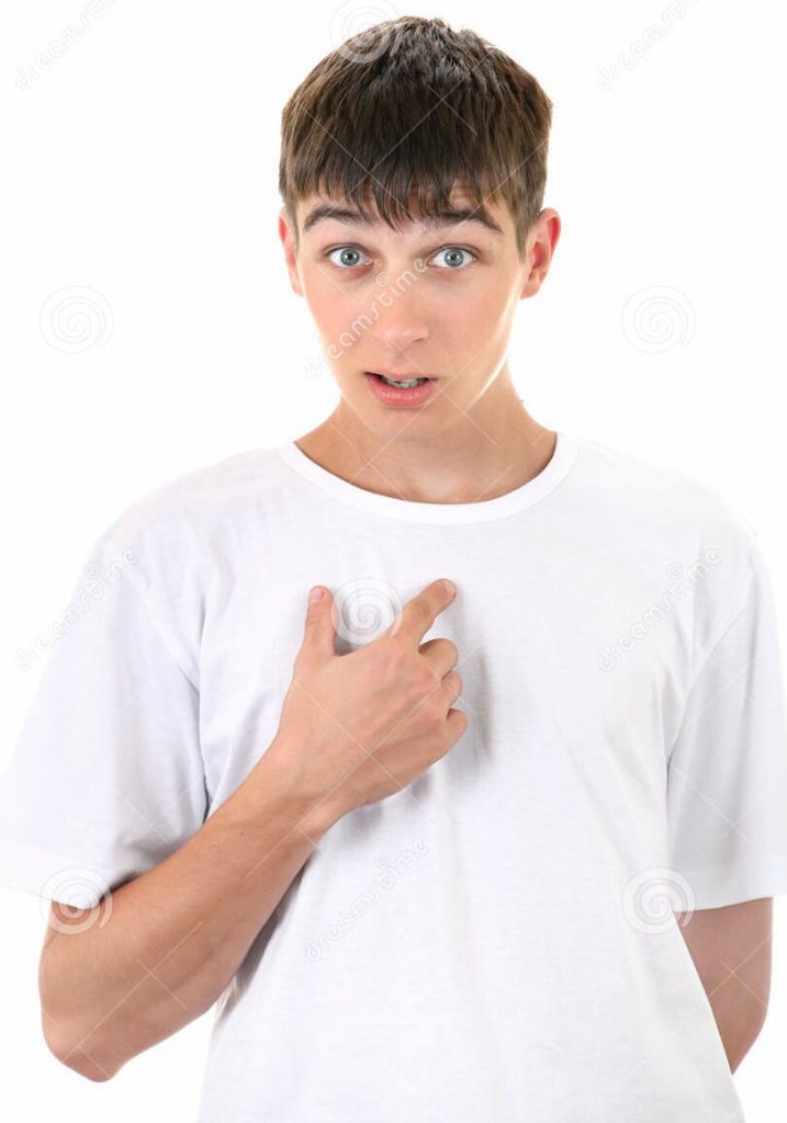 Teenager Pointing Himself Irresolute Young Man Finger Isolated White