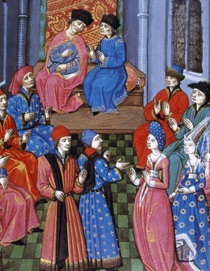 Medieval miniature. Meeting of the Roman Senate. Discussion on marriage between a plebeian woman and a roman patrician. 15th century.